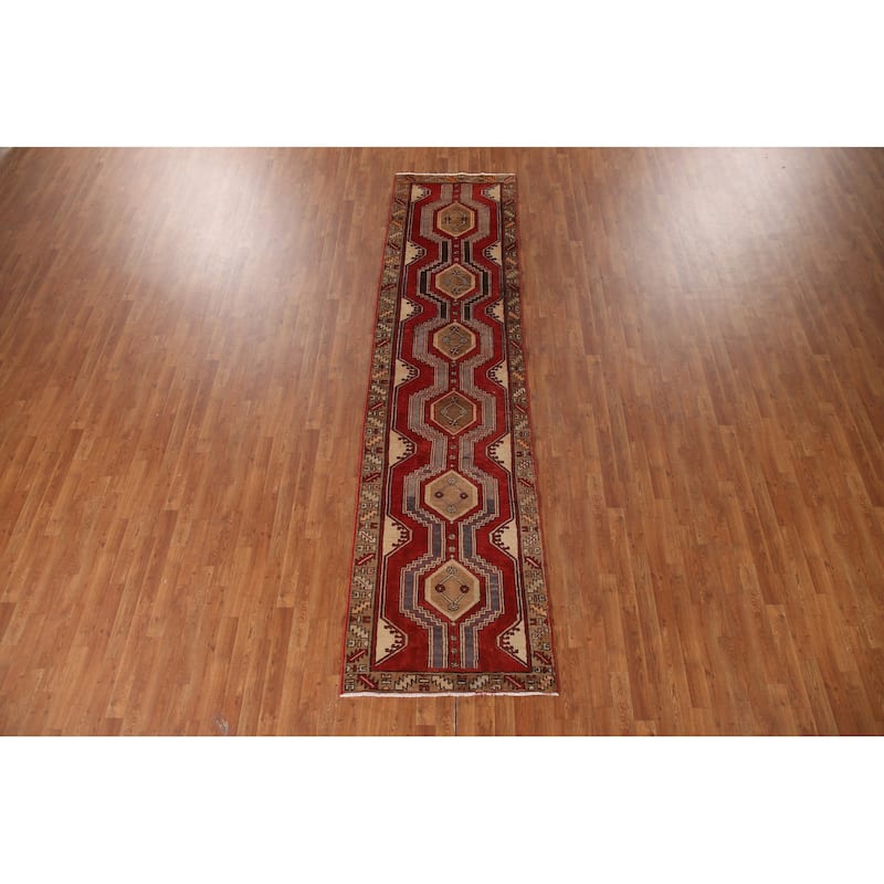Red Ardebil Persian Runner Rug Handmade Vintage Wool Carpet - 3'0"x 12'0"