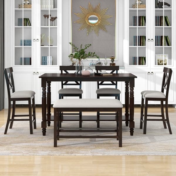 6-Piece Counter Height Upholstered Dining Room Set X-Shape Wood Storage ...
