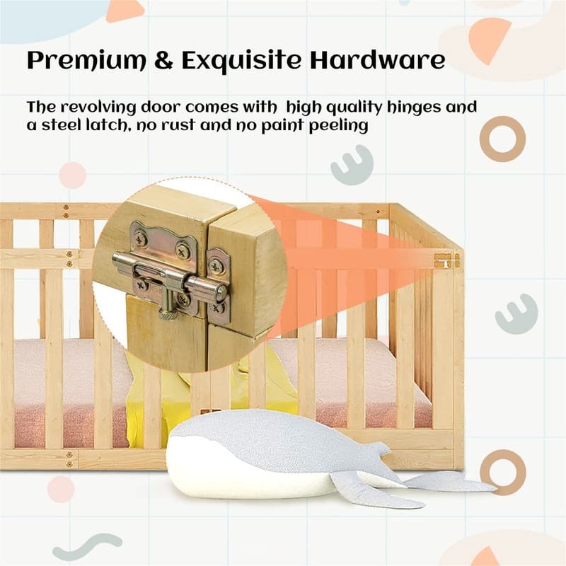 Full Size Floor Bed for Children, Sturdy Wood Montessori Bed Frame with Fence & Door