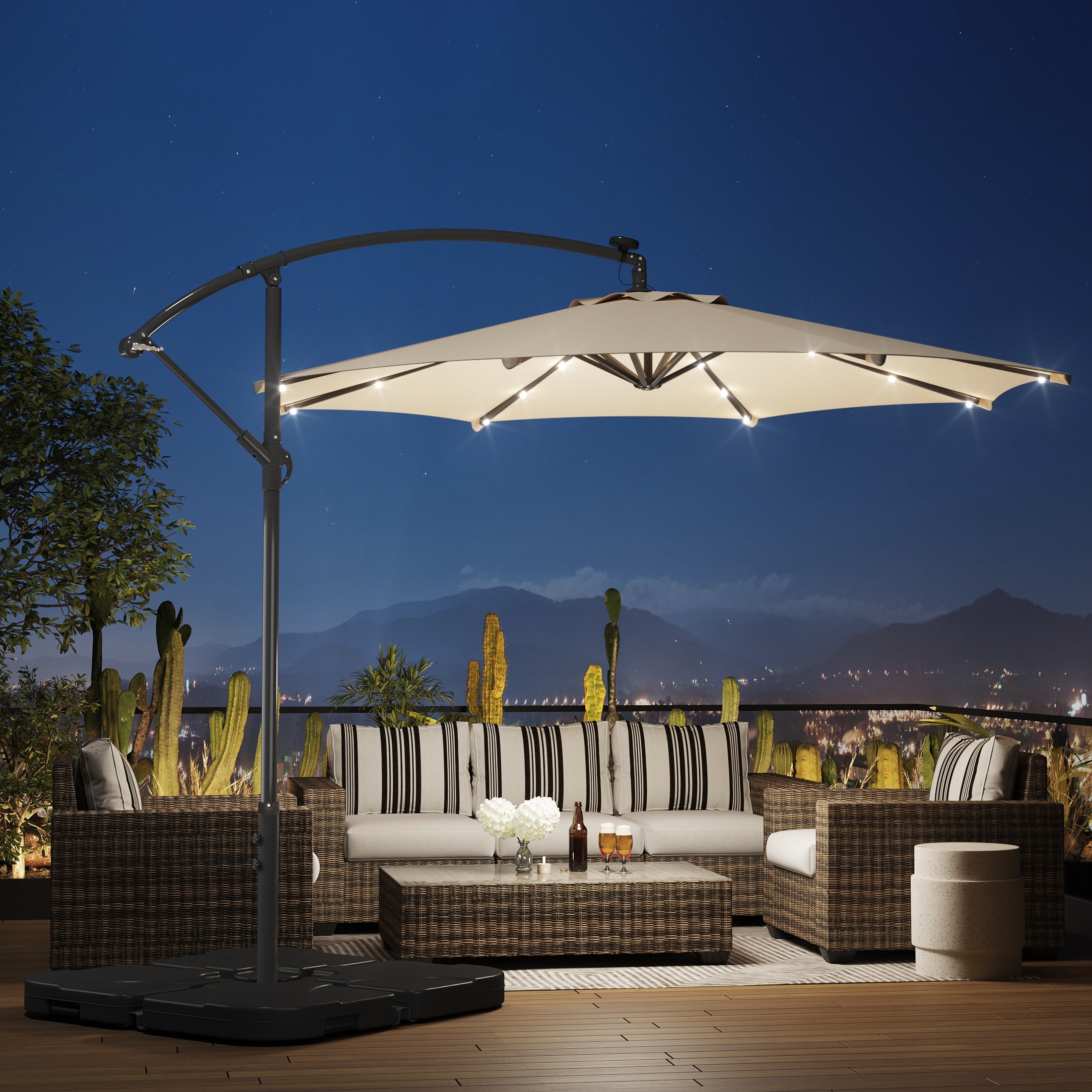 cantilever patio umbrella with lights and base Best Choice Products 10x10ft 2-Tier Square Outdoor Solar LED w/ Included this umbrella will indulge you in plenty of shade all day long and keep your nights bright with its 32 solar Costway 10 FT Solar Offset