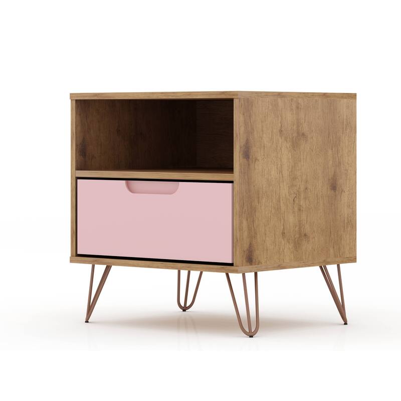Modern Nightstand with Drawer and Open Shelf Metal Legs Mid Century Design