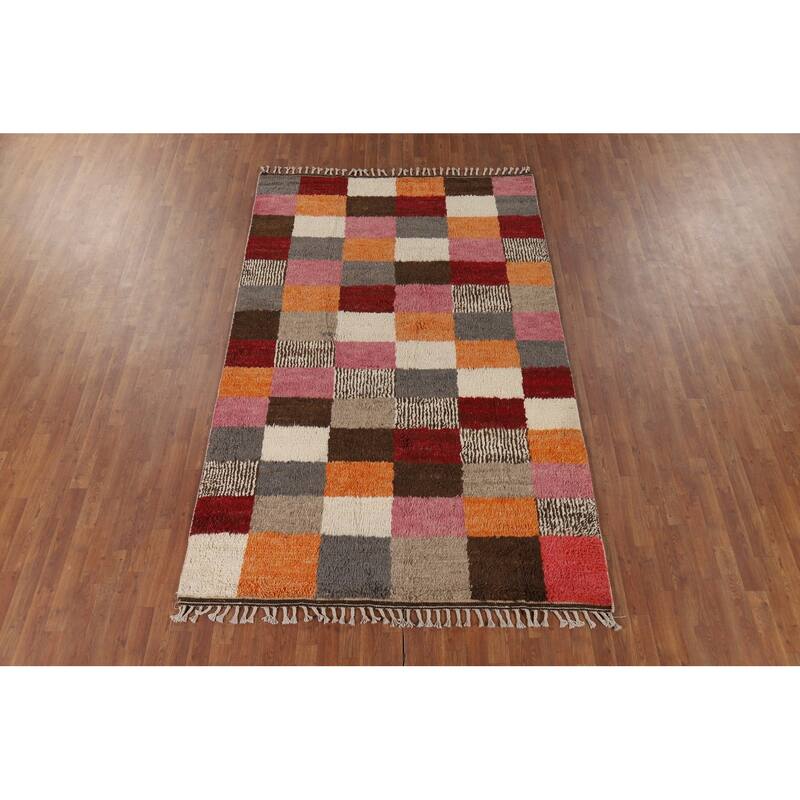 Hand Knotted Oriental 100% Wool Carpet Modern All-Over Multi-Colored Moroccan Area Rug - 9' 4'' X 5' 8''