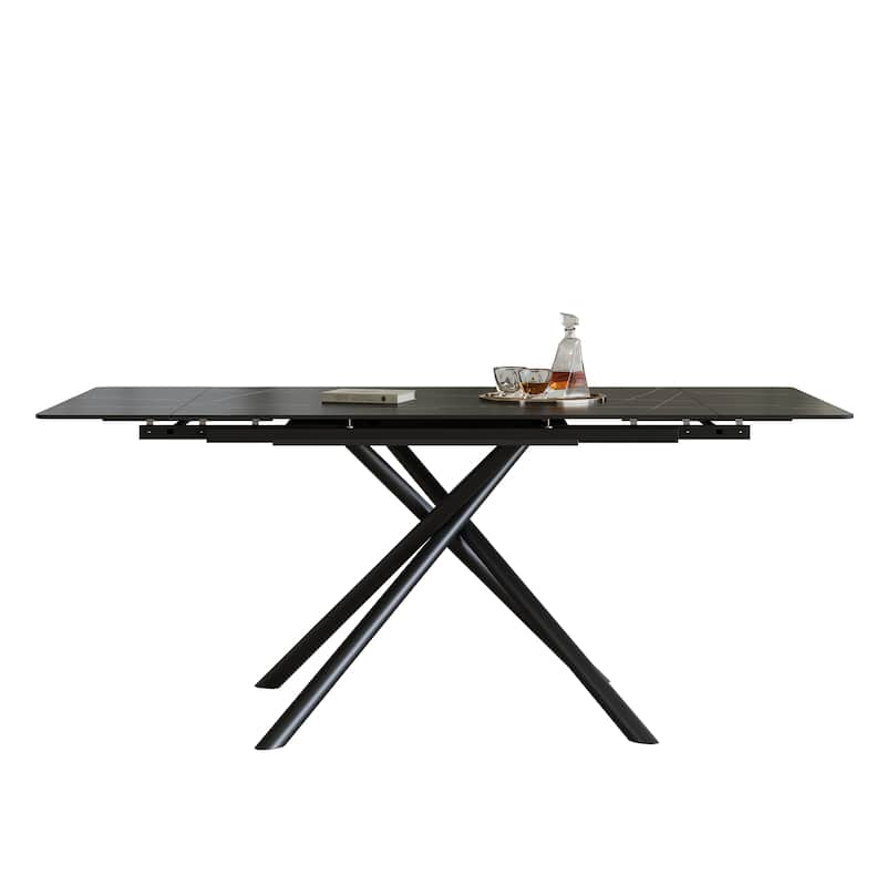 Retractable Sintered Stone Dining Table, Modern Rectangular Design, with Black Carbon Steel Legs at the Bottom