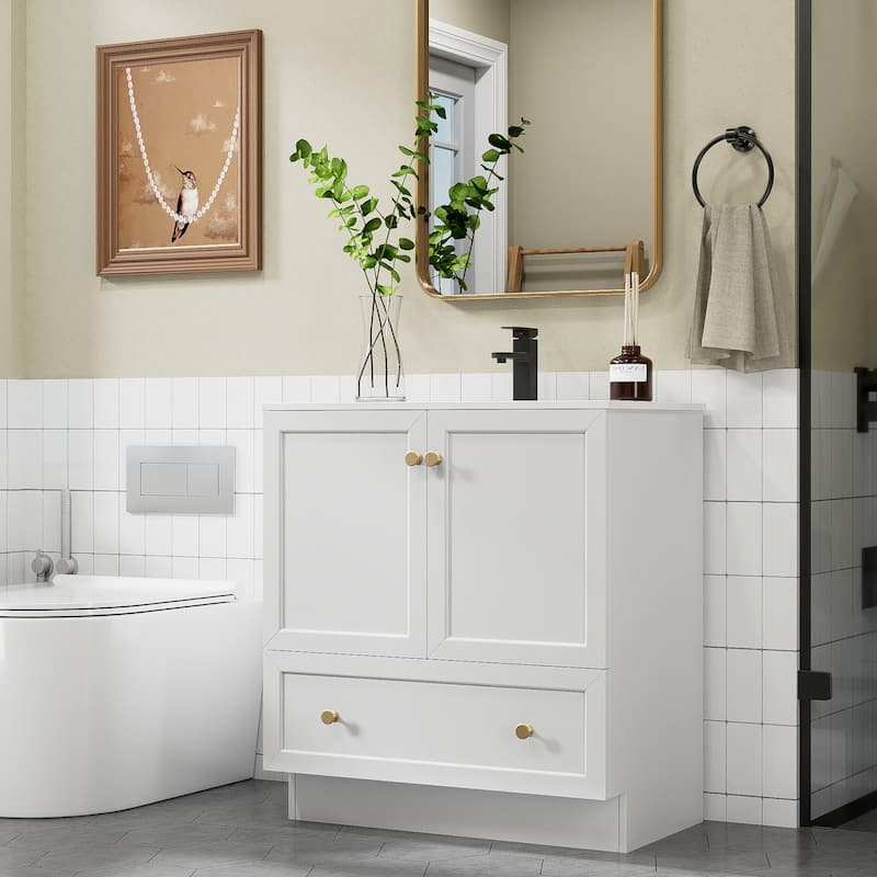 Solid Wood Bathroom Vanity Cabinet with Ceramic Undermount Sink Top Skirting Design