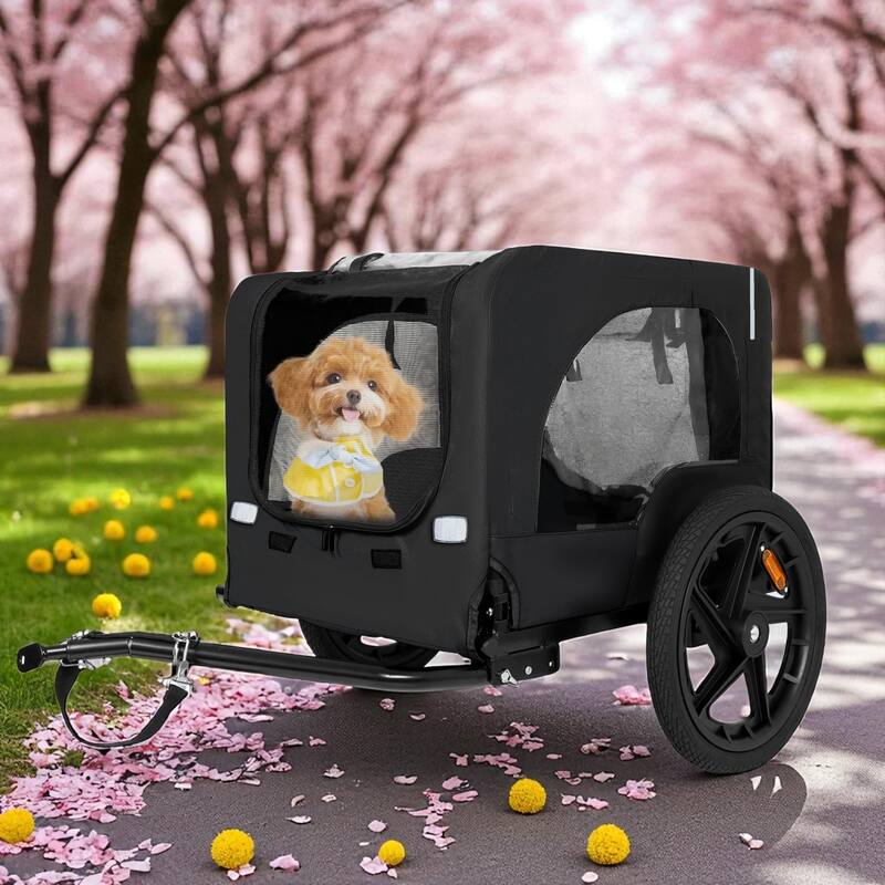 Heavy Duty Collapsible Pet Bike Trailer with 16" Wheels, Foldable Dog Bicycle Carrier Cart with Hitch & Reflectors - Black