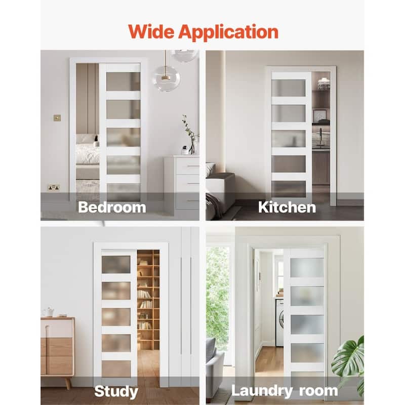 White Wood MDF Sliding Pocket Door with Frosted Glass Panels
