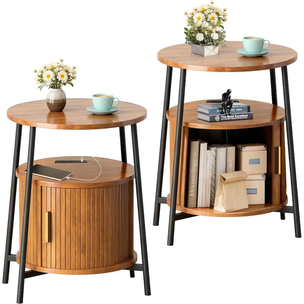 Round End Tables Set of 2 & Charging Station,Fluted Accent Side Table with Sliding Door,Mid-Century Nightstand for Small Space