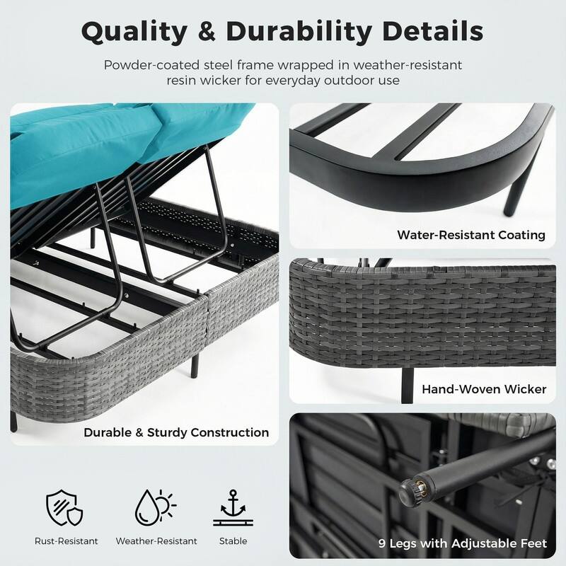 2-Person Outdoor Double Chaise Lounge, Wicker Patio Reclining Daybed with 6-Position Backrests, 4" Cushions, 800 lb Capacity