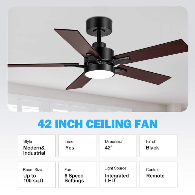 42" 5-Blade Black/White Modern LED Ceiling Fan with Light and Remote