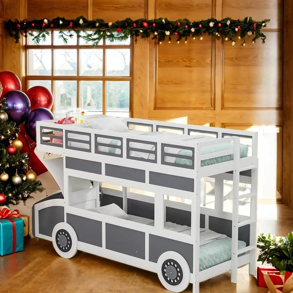 slide 2 of 16, Bus-Shaped Styled Wooden Bunk Bed for Kids White