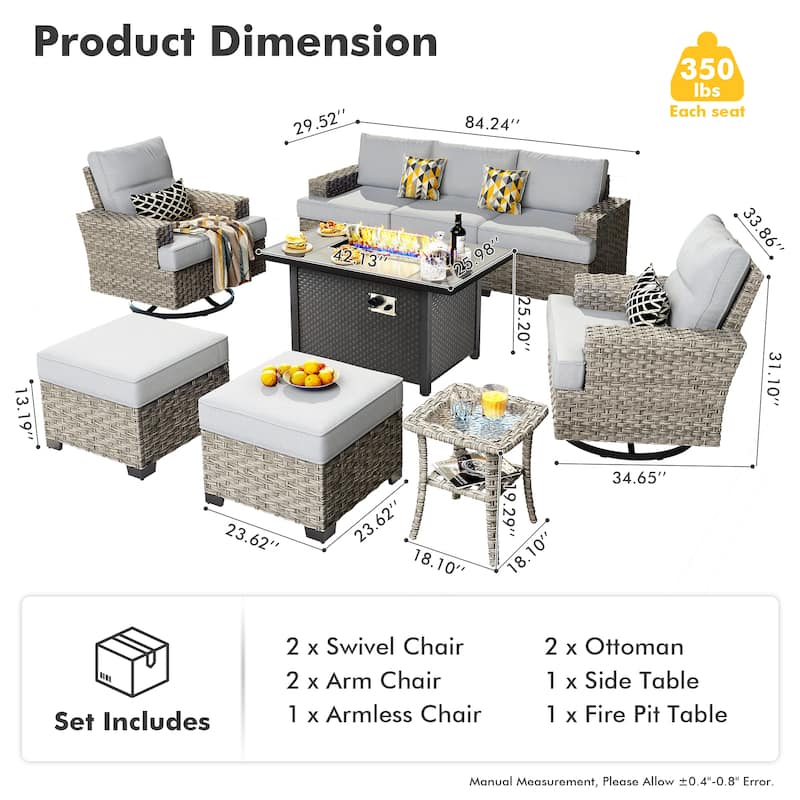 OVIOS 9 Pieces T shaped Seat Wide Armrest Swivel Chair Set With Fire Pit