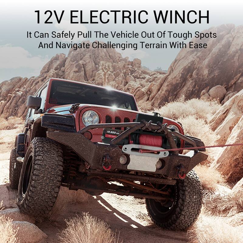 85ft Red Synthetic Rope Electric Winch with Wireless Handheld Remote - 10000lbs