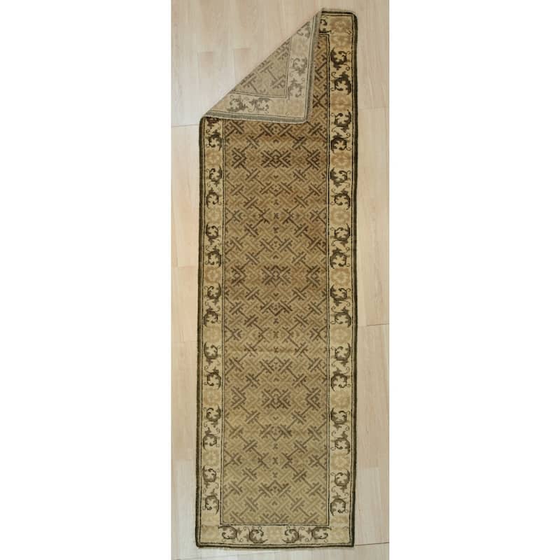 Green Handmade Wool Transitional Ningxia Rug, 2'9 x 11'11, Hand Knotted Wool, Soft Subtle Elegant Design Rug - N/A