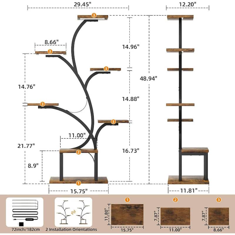 Brown-Black Wood Iron 7-Tier Plant Stand with Grow Lights and Timer - 29.45" L x 11.8" W x 48.9" H