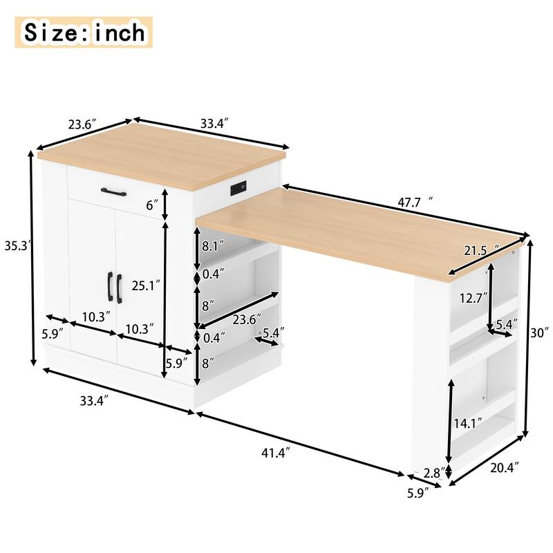 Kitchen Island with Dining Table for Extends to 47.7", Island Console with Double-Door Cabinet, 2 Drawers & 2 Open Shelves