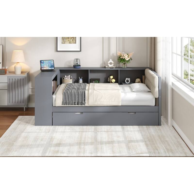 Roomfitters Twin/Full Wood Platform Bed with Trundle, Charging Station and Upholstered Headboard