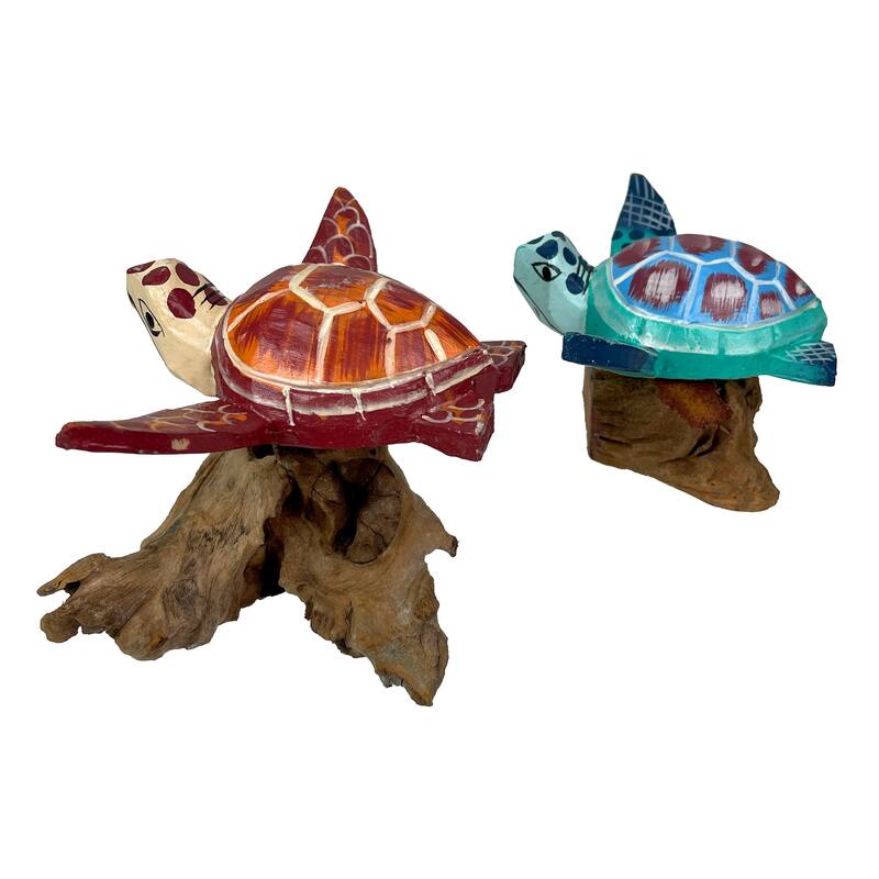 Handcrafted Sea Turtle Sculptures Set Of 2, Coastal Wood Art, Ocean - 4 X 7 X 5 inches