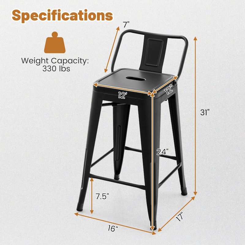 Costway Set of 4 Low Back Metal Counter Stool 24'' Seat Height - see details