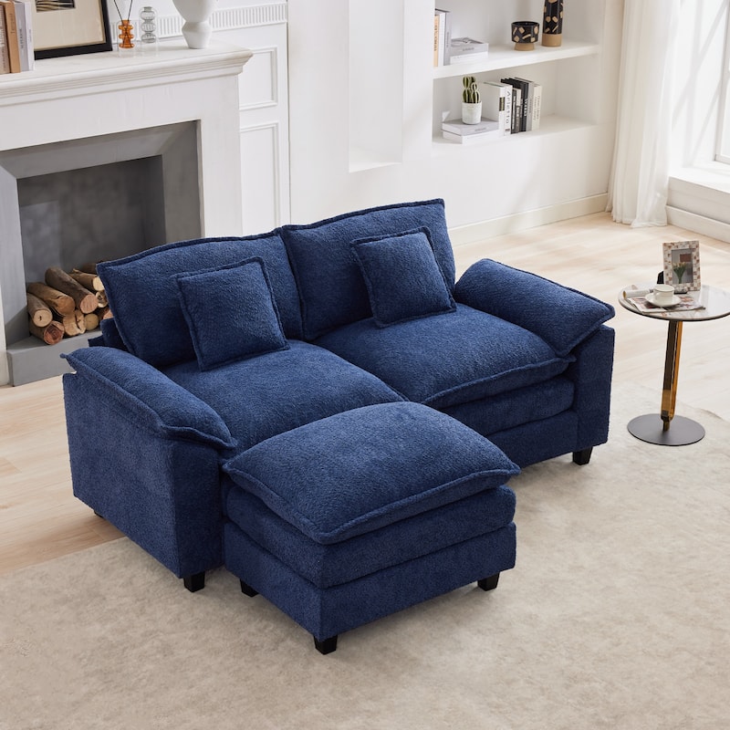 Modular Chenille Sectional Sofa with Ottomans, Deep Seat, Wide Padded Armrests, 2-Seat / 3-Seat / 4-Seat Options - Navy/2 Seats with 1 Ottoman - Reversible