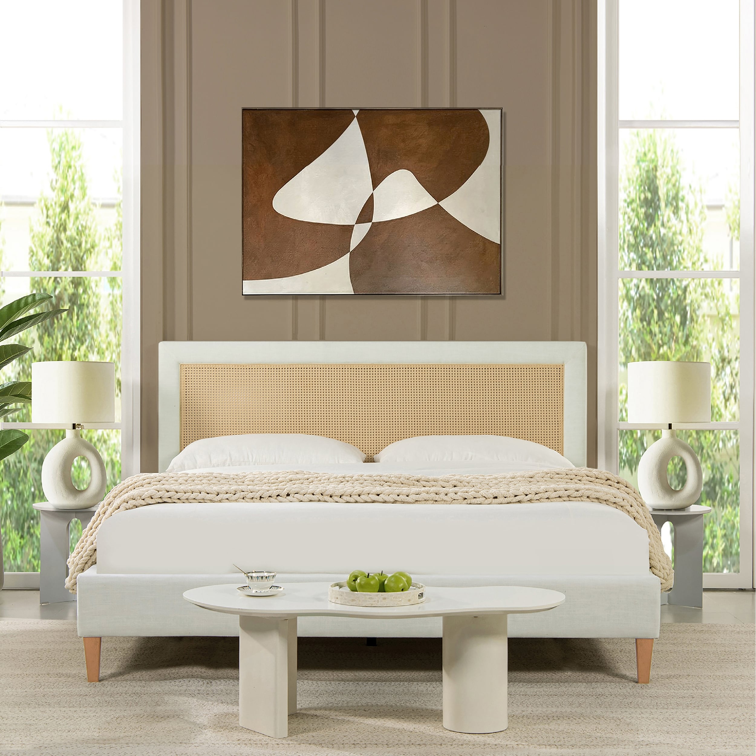 Haley Upholstered Rattan Cane Back King Platform Bed Bed Bath