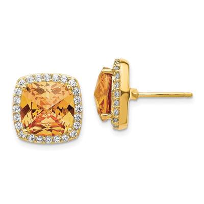 Sterling Silver Gold-plated Rose-cut Champagne CZ Square Stud Earrings (L-13 mm, W-13 mm)
