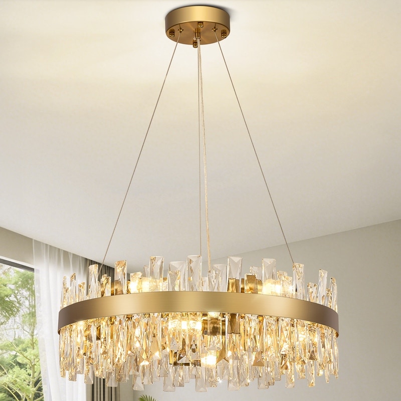 12-Lights Gold Round Crystal Chandelier, Modern Crystal Chandelier Pendant Light Fixture for Kitchen Island