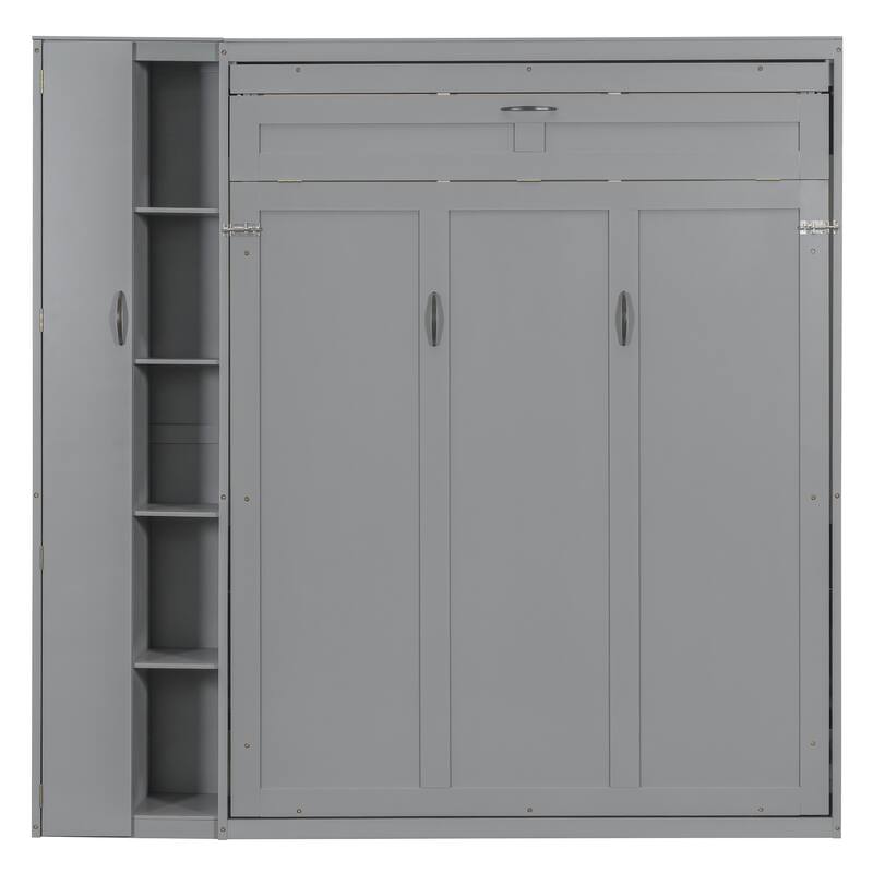 Space-Saving Queen Murphy Bed with Shelves, Wardrobe and LED Lights in Gray
