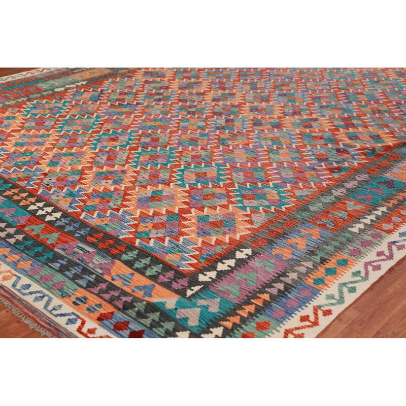 Reversible Kilim Area Rug Oriental Hand-Woven Wool Carpet - 9'11"x 13'0"