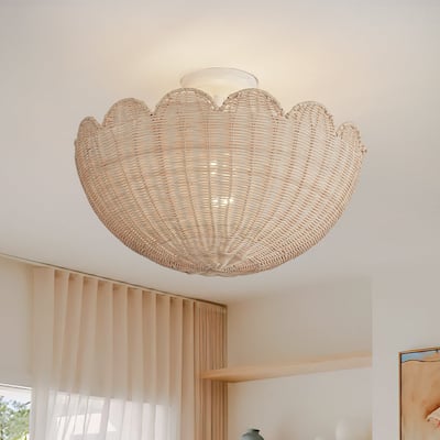 2-Light Coastal Style Scallop Rattan Semi Flush Mount - N/A