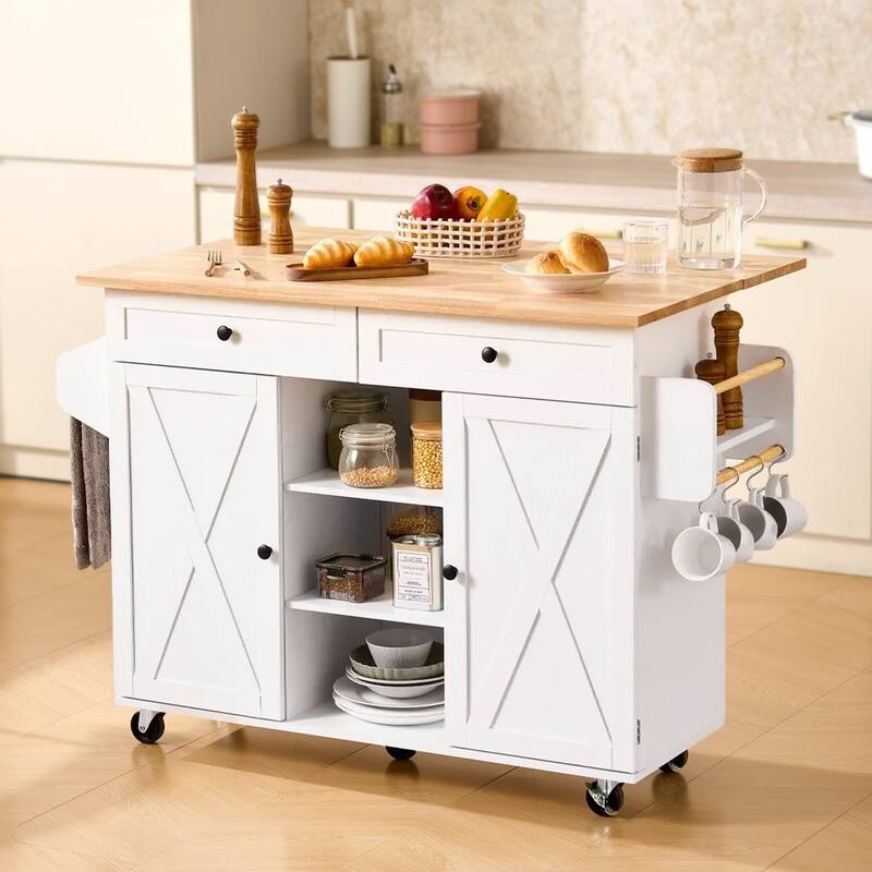 35" Mobile Kitchen Island Cart with Drop Leaf and Lockable Wheels Storage Drawers and Cabinets - 44"L x 30"W x 35"H