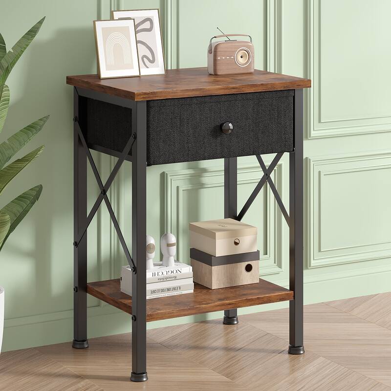 VECELO X Frame Nightstand with Removable Fabric Drawer Easy to Clean Nightstand Multifunctional End Table with Open Shelf - Brown