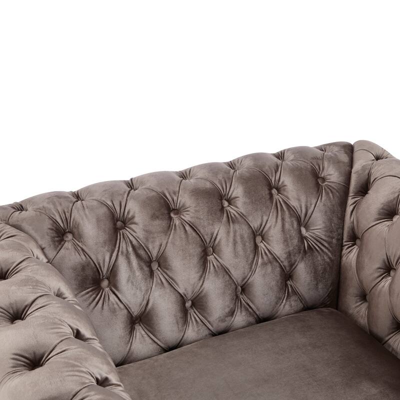 Roomfitters Tufted Club Chair with Deep Button Upholstery, Rolled Arm Design and Metal Stud Trim, Light Brown