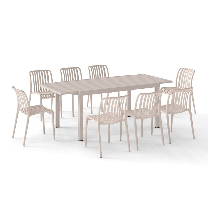 Outdoor Dining Set 9-Piece Stackable Plastic Lightweight Dining Chair and Extendable Dining Table