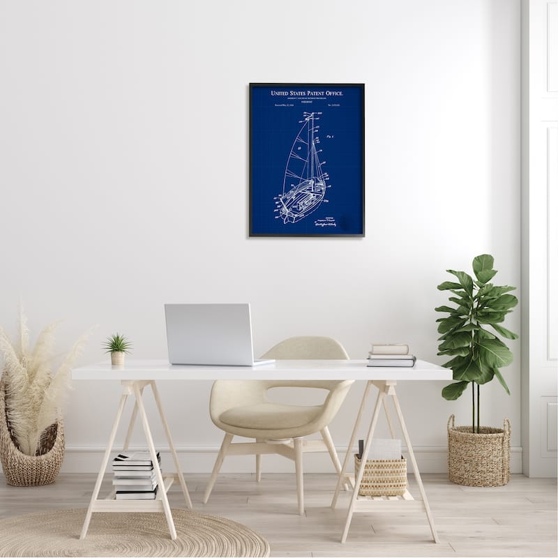 Stupell Sailboat Watercraft Blue Patent Office Diagram Blueprint Framed Wall Art