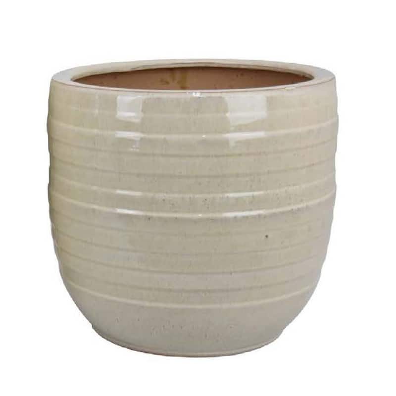 Paulo Barrel Planter Set of 2, Raised Ribbed Beige Ceramic 19, 15 Inch