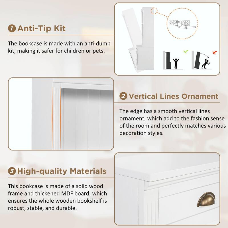 83.4" Tall Bookshelf, Modern Bookcase with 2 Glass Doors, 1 Drawer & Open Shelves