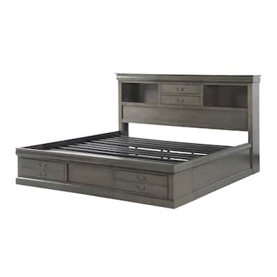 Wooden Queen Bed with Storage Space in Dark Gray