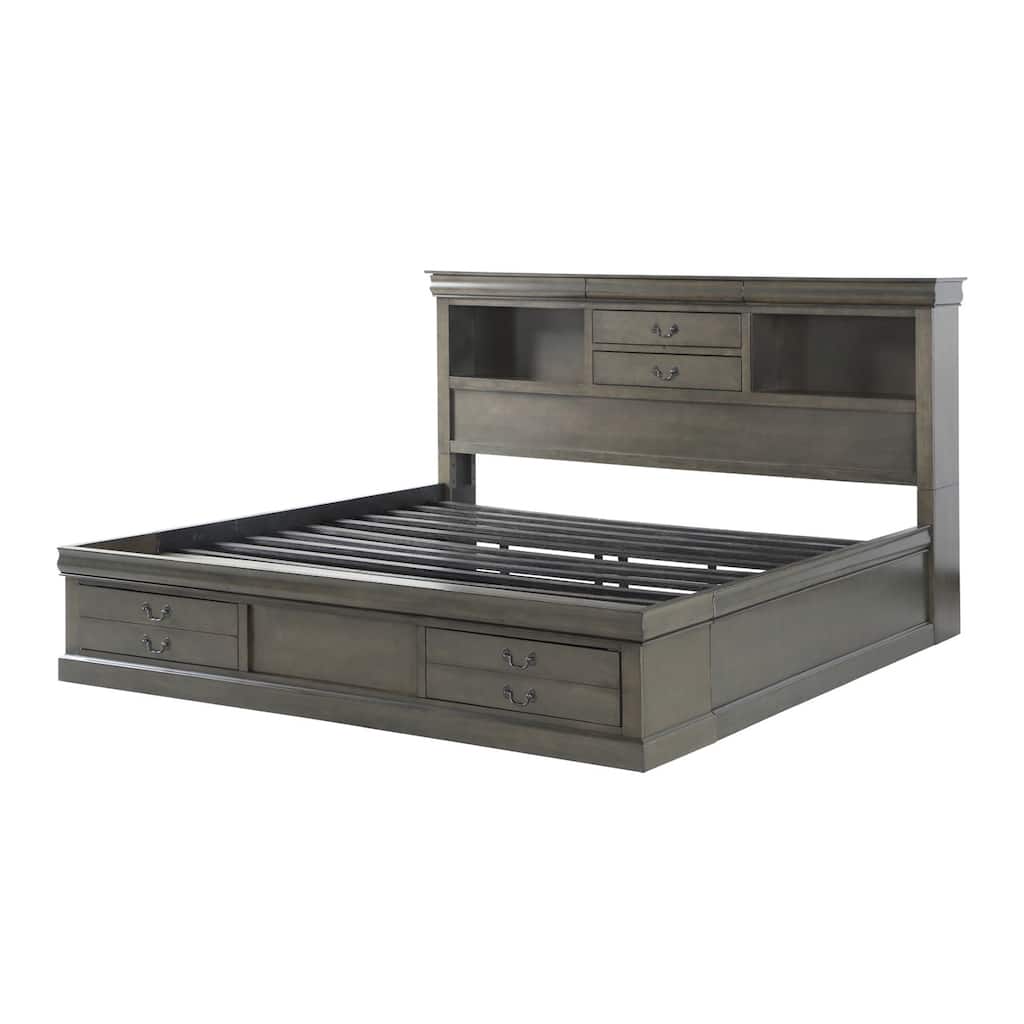 Wooden Queen Bed with Storage Space in Dark Gray