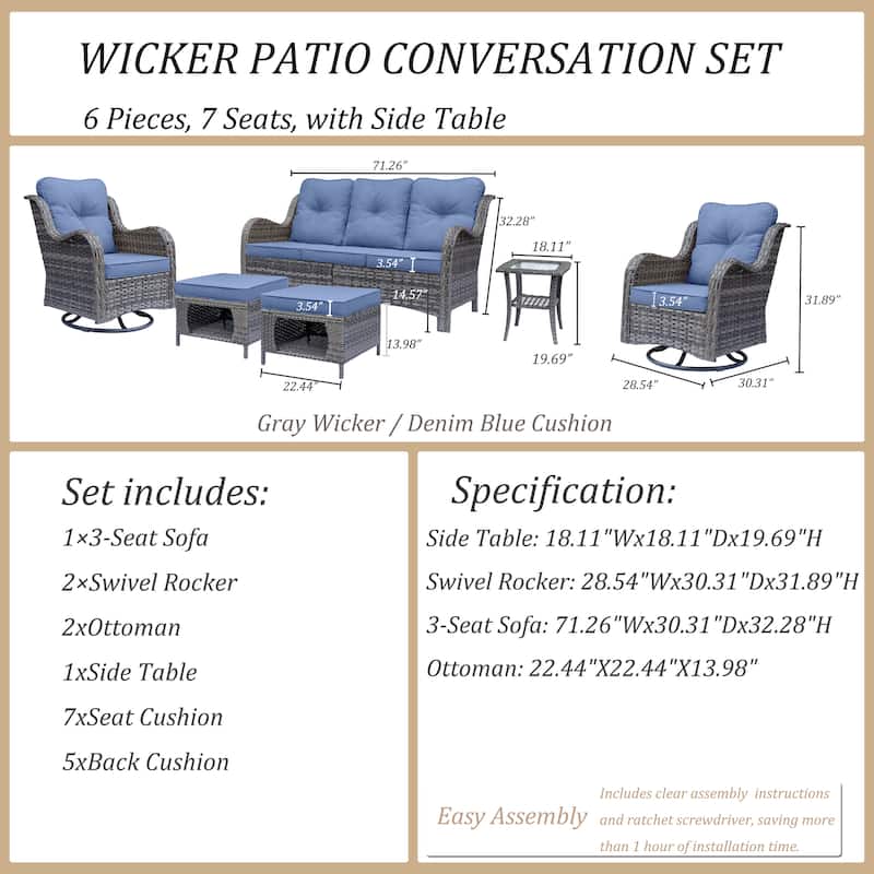 6 Piece Outdoor Wicker Patio Furniture Seating Sofa Swivel Chairs Sets