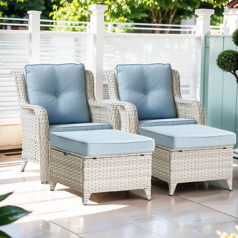 Gymojoy 4-Piece Outdoor Wicker Patio Furniture Chair Set, Rattan Coversation Set with Water Resistant Thick Cushions - Beige Wicker / Babyblue Cusion - 4-Piece