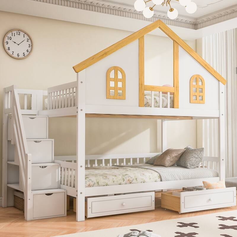 Fairytale Bunk Bed with Window Door House-shaped Roof Frame and Storage Staircase, Optional with Storage Drawers or Trundle Bed