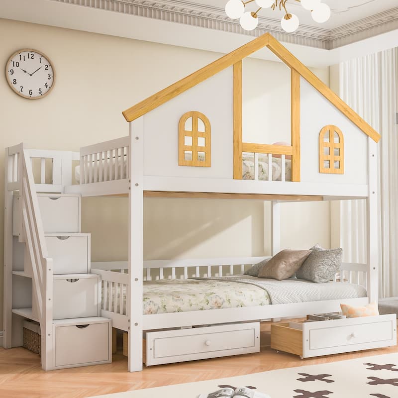 GDFStudio -DreamCottage Modern Wooden House Roof Bunk Bed with Storage Drawers and Staircase - White+Natural - Full