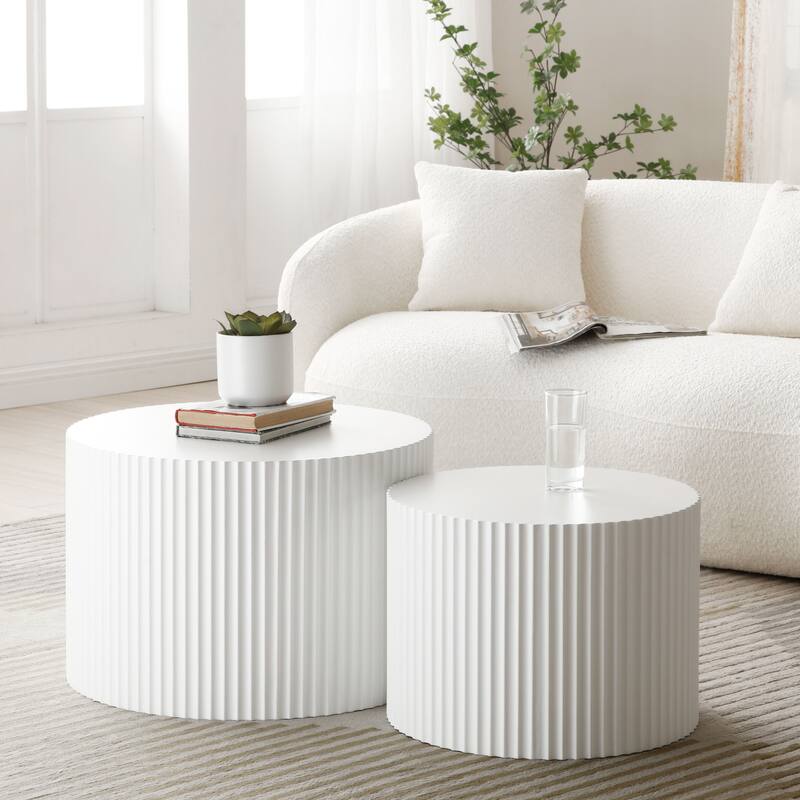 Modern Glam Relief Carving Round Accent Nesting Side Fluted Coffee Tables Set (2 Pack) No Assembled - White