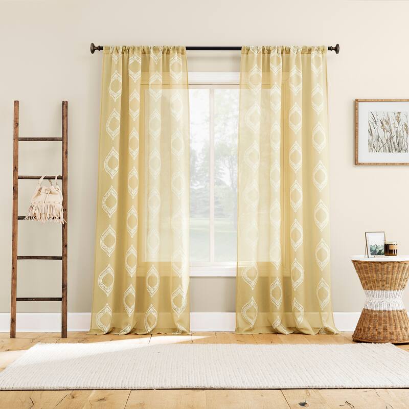 No. 918 Ravenna Embroidered Medallion Sheer Rod Pocket 1-Piece Curtain Panel, Single Panel
