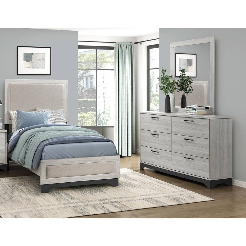 Two-Tone Finish Bedroom Set 3pc Platform Upholstered Bed Dresser Mirror - Twin