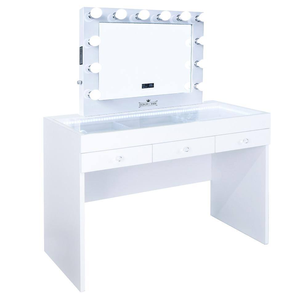 ReignCharm LED Lighted 3-Drawer Vanity Station with Classic Bluetooth Hollywood Vanity Mirror - White - 47.5" x 21.65" x 58.5"