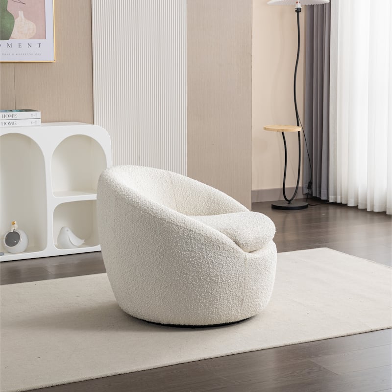 Cream White Modern 31" Boucle Upholstered Barrel Chair with 360° Swivel and Round Metal Base
