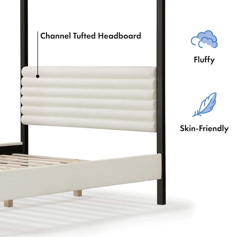 DH Basic Modern Metal Canopy Queen Platform Bed with Channel Tufted Upholstered Headboard by Denhour