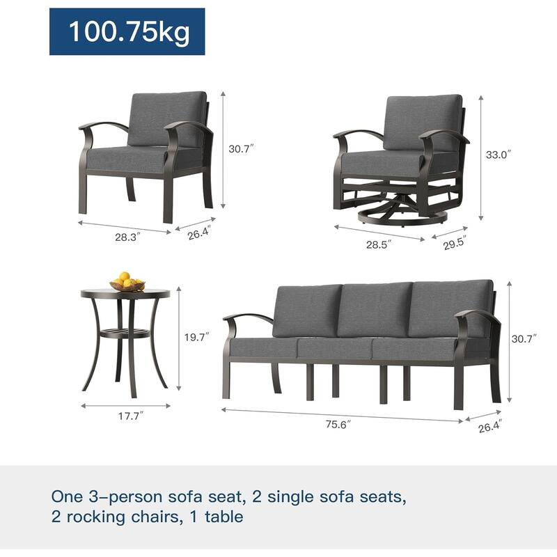Kullavik Aluminum Outdoor Patio Sectional Sofa Set with Swivel Rocking Chairs and Coffee Table
