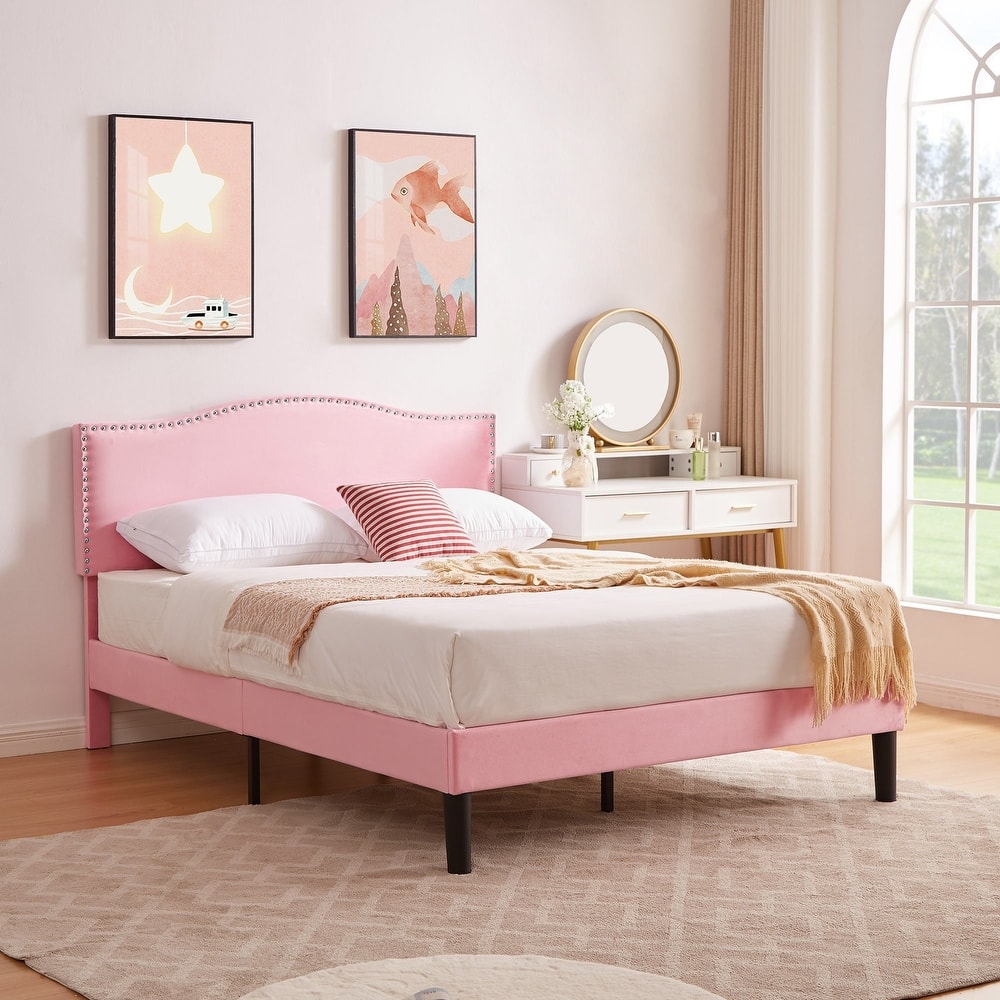 VECELO, Upholstered Platform Bed Frame with Adjustable Headboard, Twin/Full/Queen Size Beds, Pink